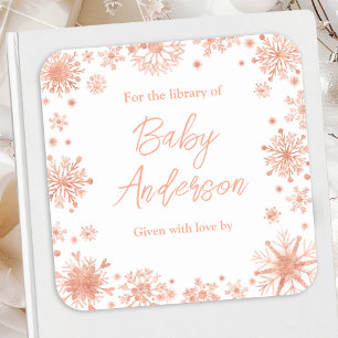 Rose Gold Snowflakes Baby Shower Bookplate Square Sticker