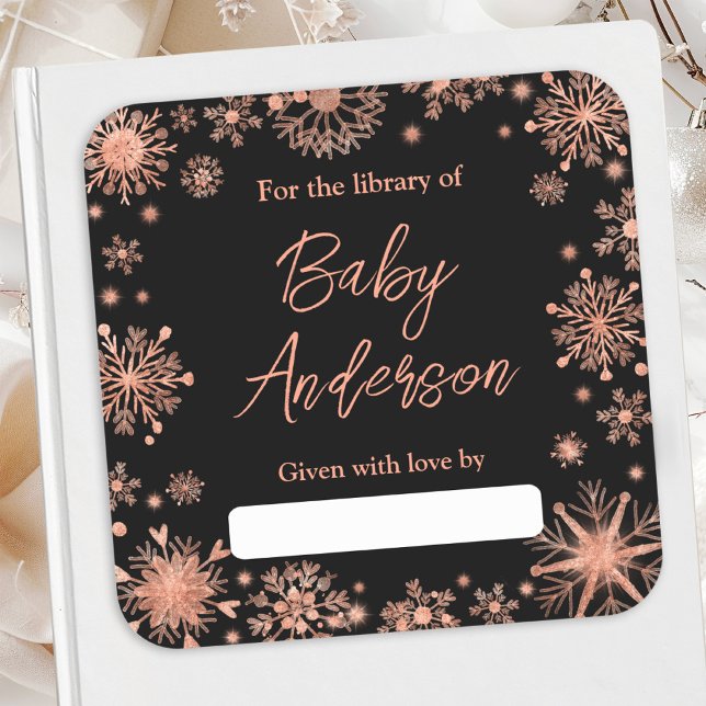 Rose Gold Snowflakes Baby Shower Bookplate Square Sticker (Creator Uploaded)