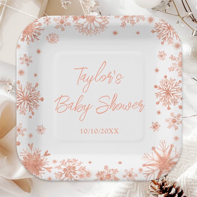 Rose Gold Snowflakes Baby Shower Paper Plate (Creator Uploaded)