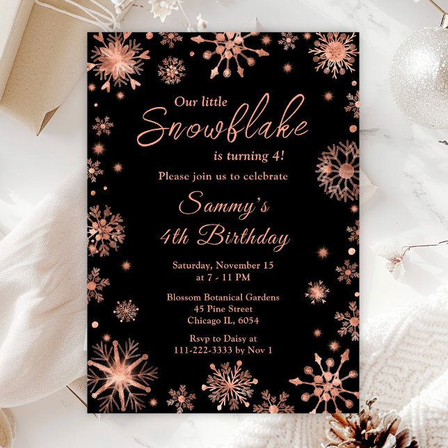 Rose Gold Snowflakes Birthday Party Invitation (Creator Uploaded)