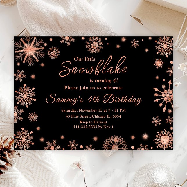 Rose Gold Snowflakes Birthday Party Invitation (Creator Uploaded)