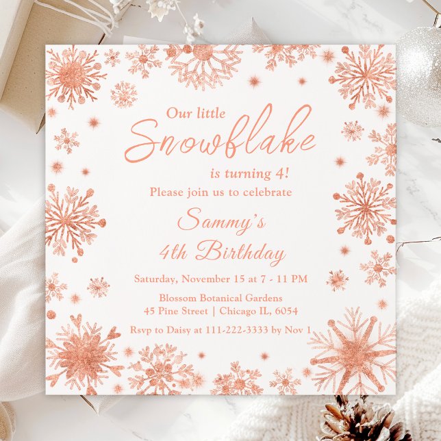 Rose Gold Snowflakes Birthday Party Invitation (Creator Uploaded)