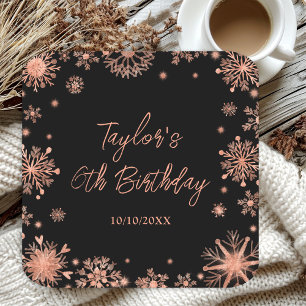 Rose Gold Snowflakes Birthday Party Square Paper Coaster