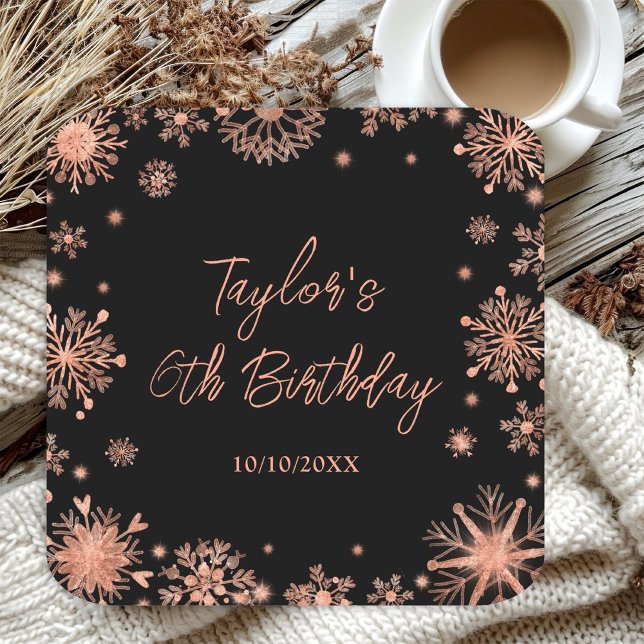 Rose Gold Snowflakes Birthday Party Square Paper Coaster (Creator Uploaded)