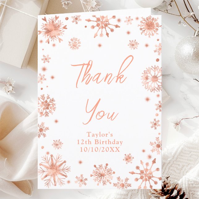 Rose Gold Snowflakes Birthday Party Thank You Card (Creator Uploaded)