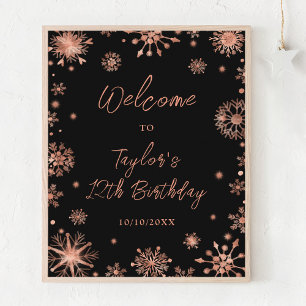 Rose Gold Snowflakes Birthday Party Welcome Poster