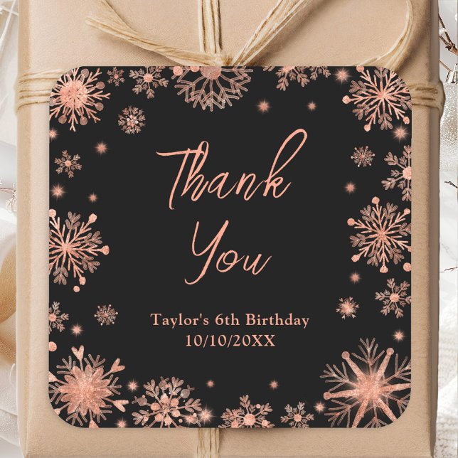 Rose Gold Snowflakes Birthday Thank You Square Sticker (Creator Uploaded)