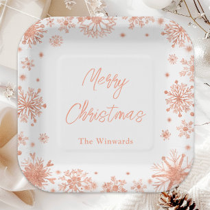 Rose Gold Snowflakes Christmas Party Paper Plate