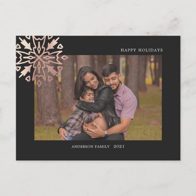 rose gold snowflakes holiday photo postcard (Front)