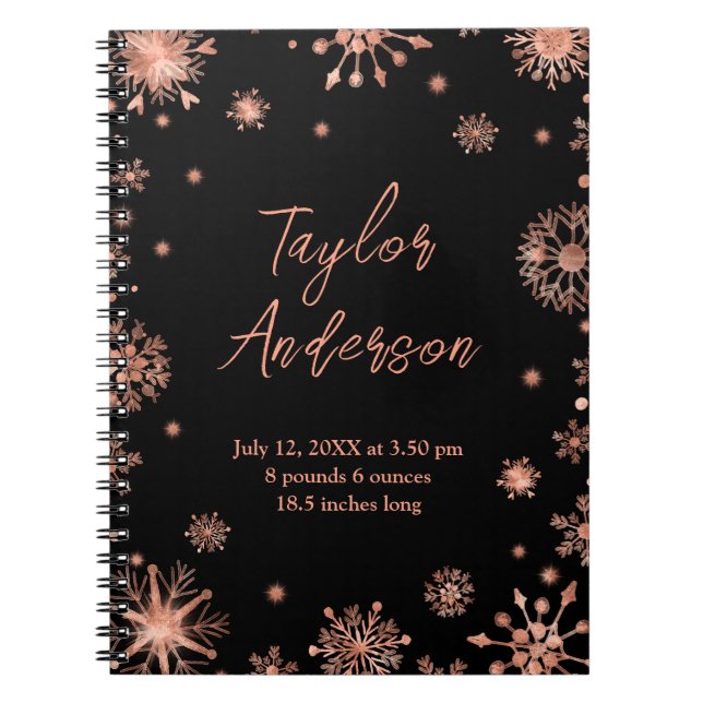 Rose Gold Snowflakes on Black Birth Stats Notebook (Front)