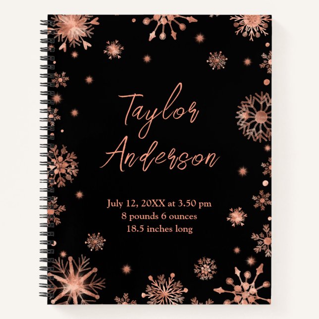 Rose Gold Snowflakes on Black Birth Stats Notebook (Front)