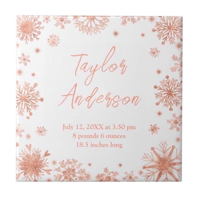 Rose Gold Snowflakes on White Birth Stats Ceramic Tile (Front)