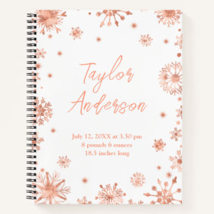 Rose Gold Snowflakes on White Birth Stats Notebook