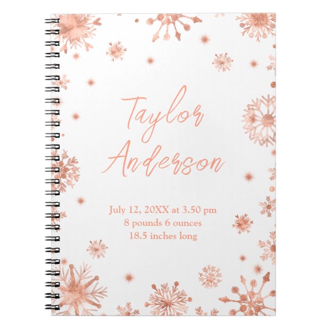 Rose Gold Snowflakes on White Birth Stats Notebook (Front)