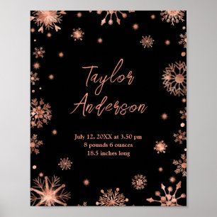 Rose Gold Snowflakes on White Birth Stats Poster