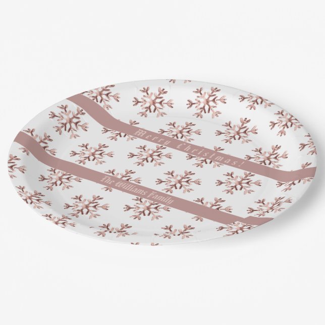 Rose Gold Snowflakes Snowflake Pattern Christmas Paper Plate (Angled)