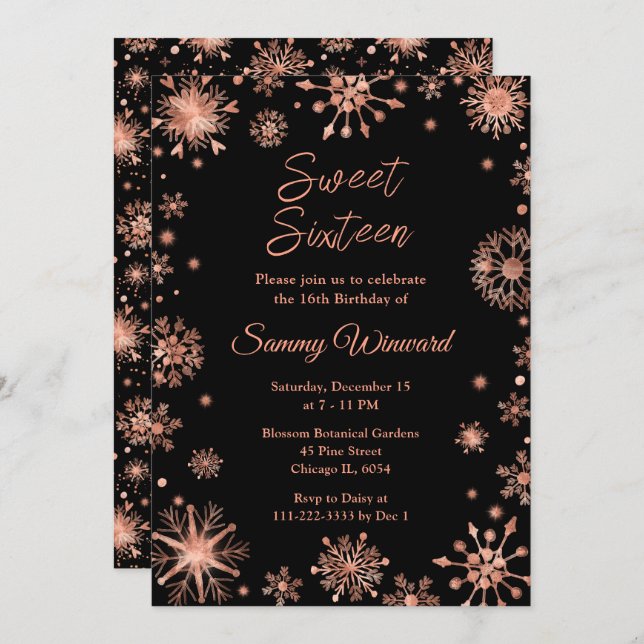 Rose Gold Snowflakes Sweet Sixteen Invitation (Front/Back)