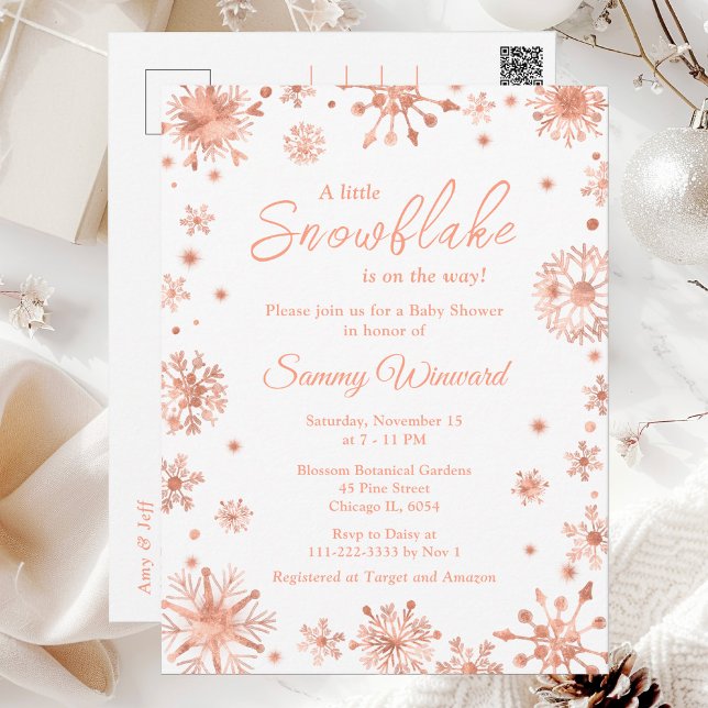 Rose Gold Snowflakes Winter Baby Shower Postcard (Creator Uploaded)
