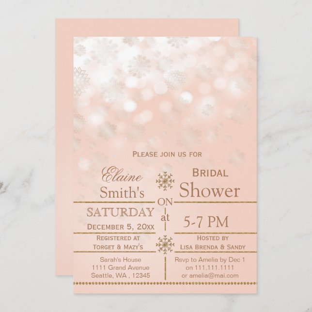 Rose Gold snowflakes Winter Bridal shower Invite (Front/Back)