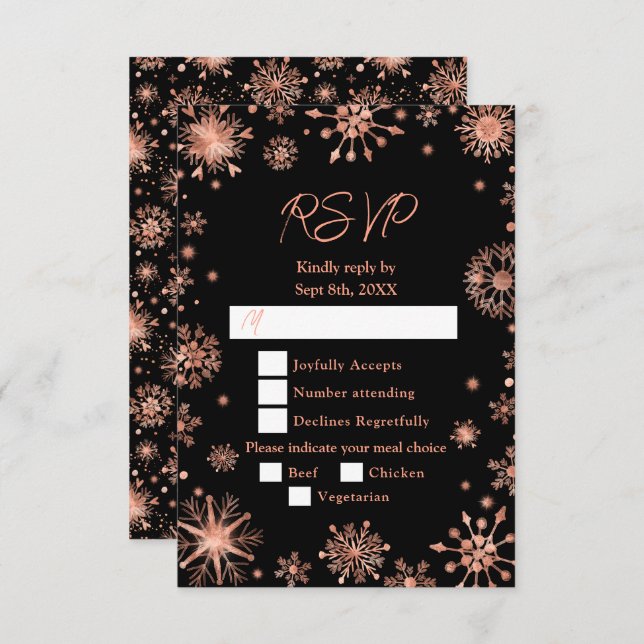 Rose Gold Snowflakes Winter Meal Choice RSVP Card (Front/Back)