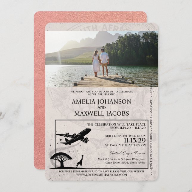 Rose Gold South Africa Passport Wedding Invitation (Front/Back)