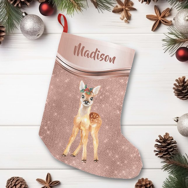 Rose Gold Sparkle Deer Fawn Personalised Small Christmas Stocking (Creator Uploaded)