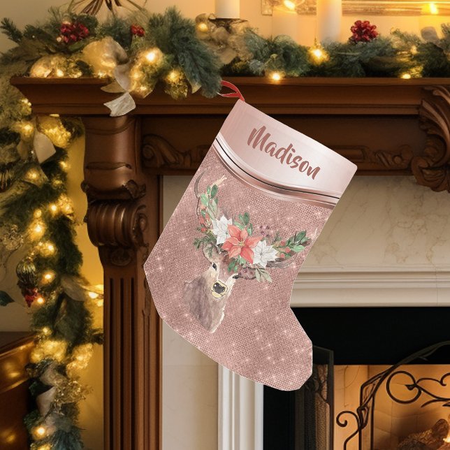 Rose Gold Sparkle Deer Pretty Personalised Small Christmas Stocking (Creator Uploaded)
