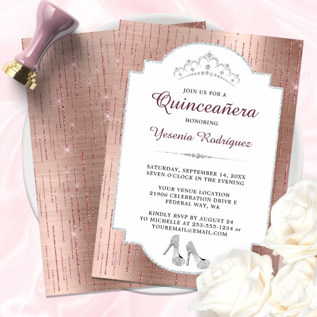 Rose Gold Sparkle Diamond Tiara Quinceañera Invitation (Rose Gold Sparkle Diamond Tiara Quinceañera Invitation)