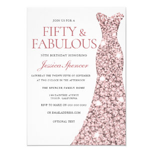 Rose Gold Sparkle Dress 50th Birthday Invite