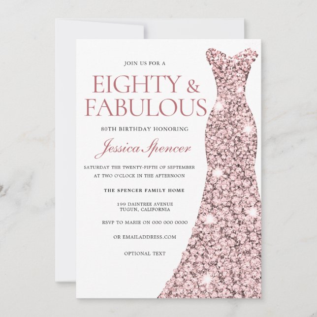 Rose Gold Sparkle Dress 80th Birthday Invite (Front)
