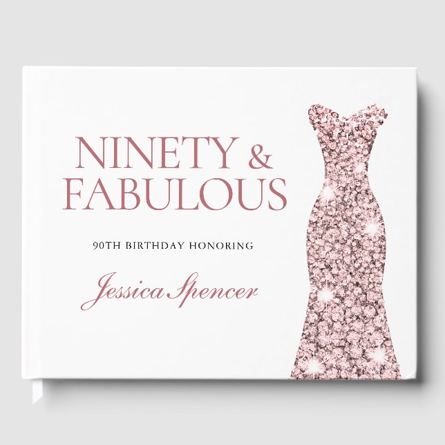 Rose Gold Sparkle Dress 90th Birthday Party Guest Book (Front)