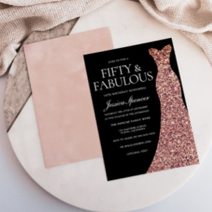 Rose Gold Sparkle Dress Black 50th Birthday Party Invitation