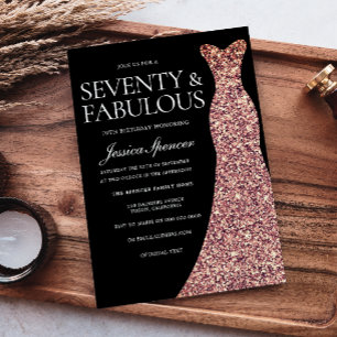 Rose Gold Sparkle Dress Black 70th Birthday Party Invitation