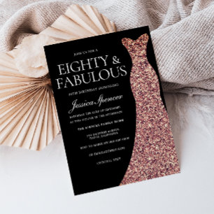 Rose Gold Sparkle Dress Black 80th Birthday Party Invitation