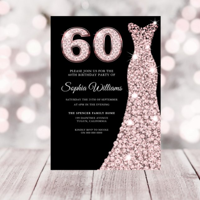 Rose Gold Sparkle Dress Blush 60th Birthday Party Invitation (Creator Uploaded)