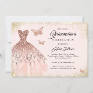 Rose Gold Sparkle Dress Butterfly Quinceanera Invi Invitation