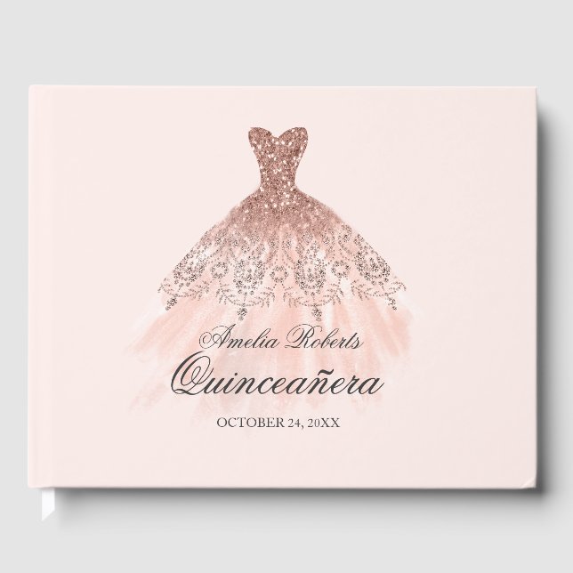 Rose Gold Sparkle Dress Quinceanera Guest Book (Front)