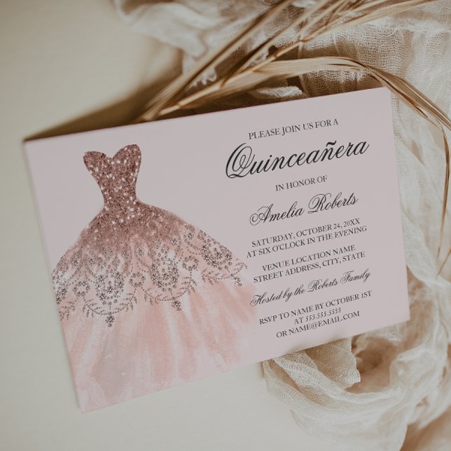 Rose Gold Sparkle Dress Quinceanera Invitation (Creator Uploaded)