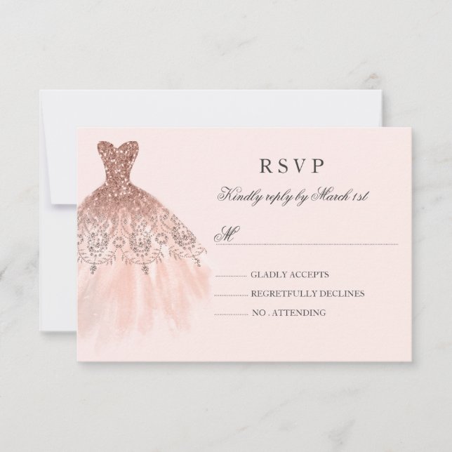 Rose Gold Sparkle Dress Quinceanera RSVP Card (Front)