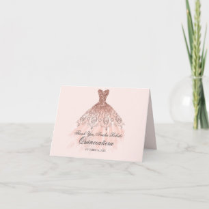 Rose Gold Sparkle Dress Quinceanera Thank You Card
