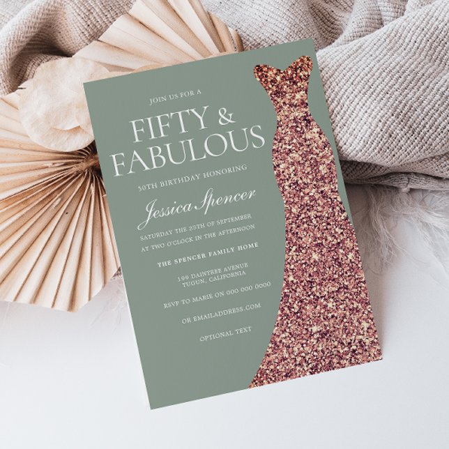 Rose Gold Sparkle Dress Sage 50th Birthday Party Invitation (Creator Uploaded)