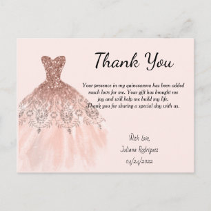 Rose Gold Sparkle Dress Thank you card Quinceañera