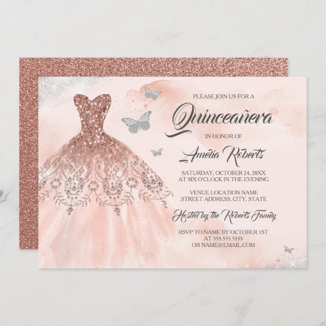 Rose Gold Sparkle Dress Watercolor Quinceanera  Invitation (Front/Back)
