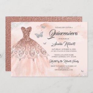 Rose Gold Sparkle Dress Watercolor Quinceanera Invitation