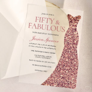 Rose Gold Sparkle Dress Womans 50th Birthday Party Acrylic Invitations