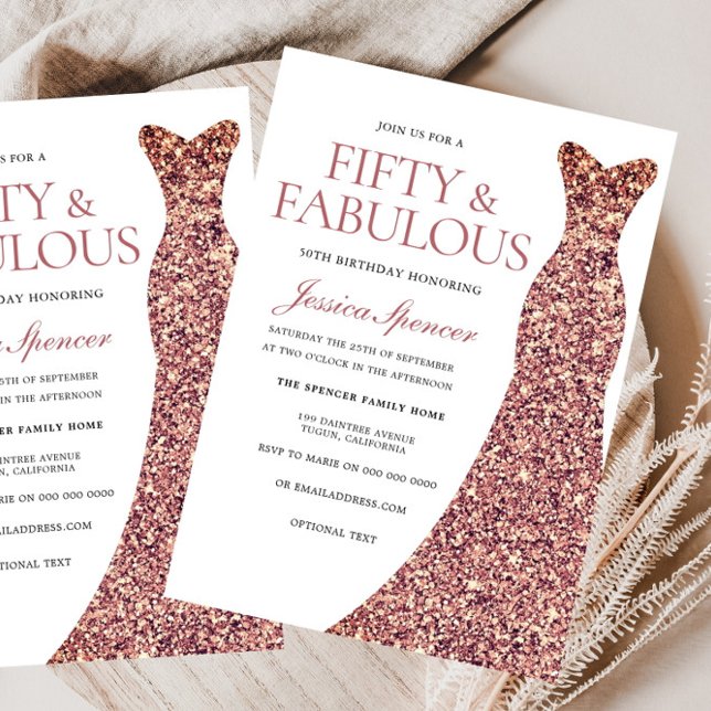 Rose Gold Sparkle Dress Womans 50th Birthday Party Invitation (Creator Uploaded)