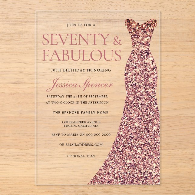 Rose Gold Sparkle Dress Womans 70th Birthday Party Acrylic Invitations (Front)