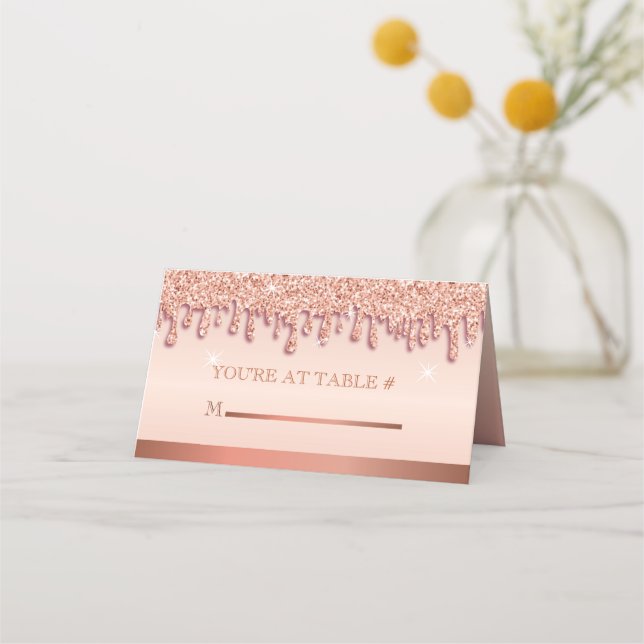 Rose Gold Sparkle Drip Table Escort Seating Card (Front)