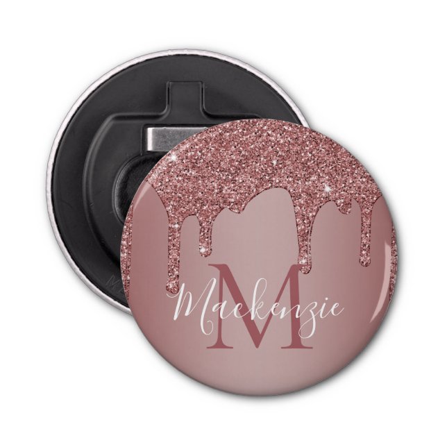 Rose Gold Sparkle Dripping Glitter Monogram Bottle Opener (Front)