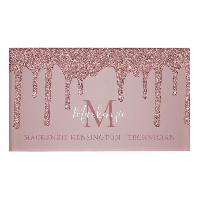 Rose Gold Sparkle Dripping Glitter Monogram Name Tag (Front)